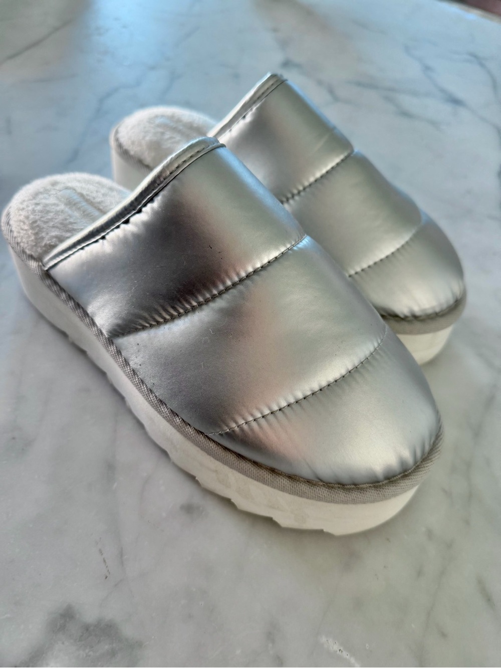 Anthropologie Silver Quilted Slip-On Slippers